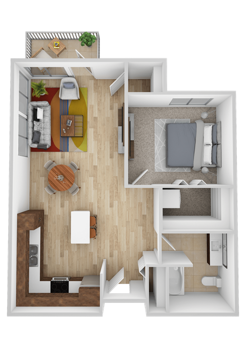 A top-down view of a small apartment with a kitchen, living room, and bathroom.